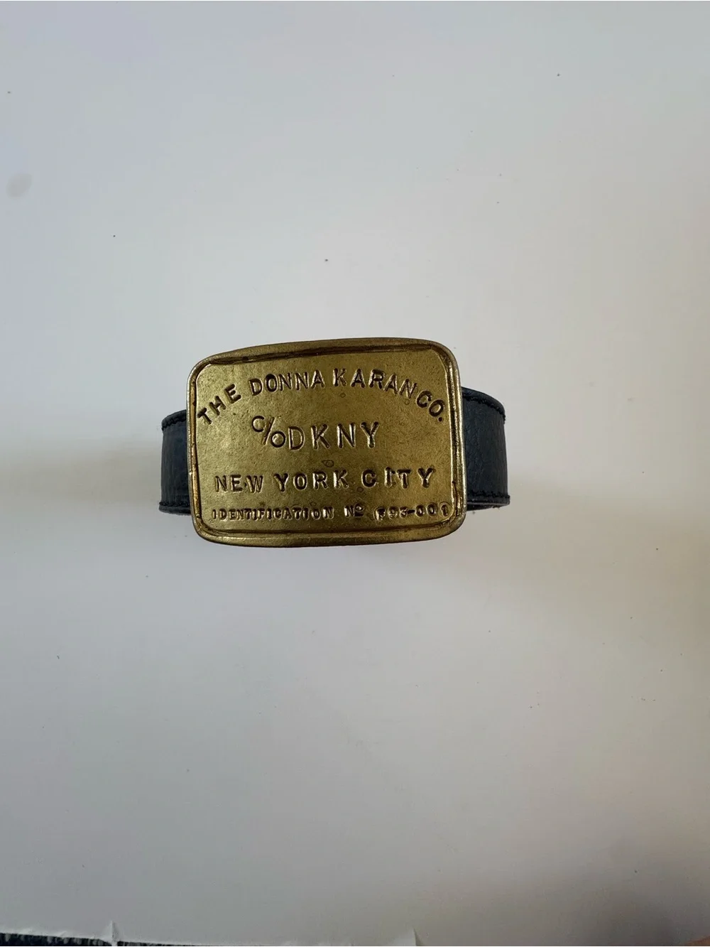 Donna Karan Black Leather Belt with Brass Plaque Buckle